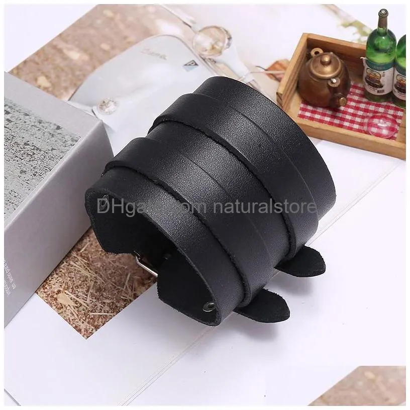 double belt leather bangle cuff black wide button adjustable bracelet wristand for men women fashion jewelry