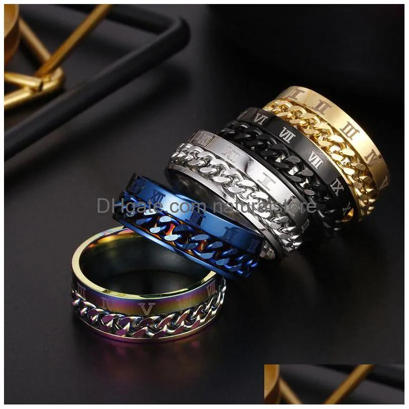 roman numerals rotatable ring band relieve pressure stainless steel spin chain rings men women will and sandy fashion jewelry