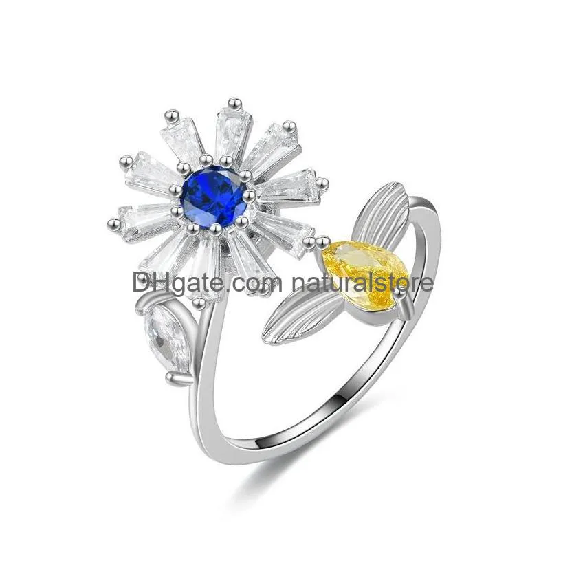 rotatable open size rings adjustable diamond eye sunflower daisy decompression womens micro-inlay zircon flower rings fashion jewelry