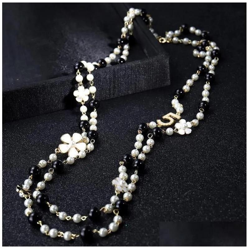 high quality women long pendants layered pearl necklace collares de moda number 5 flower party jewelry gd290