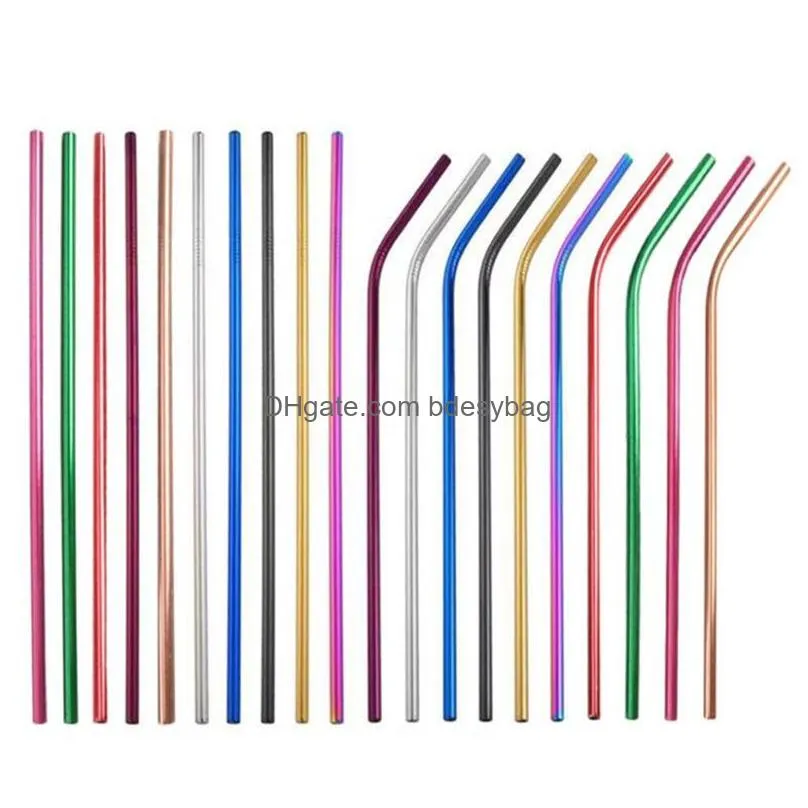 6x215mm colorful stainless steel straws reusable straight and bent metal drinking straw cleaning brush for home kitchen bar