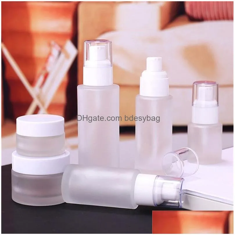 20ml 30ml 40ml 60ml 80ml 100ml 120ml frosted glass cosmetic bottle face cream jar refillable empty pump bottles lotion spray cosmetics sample storage