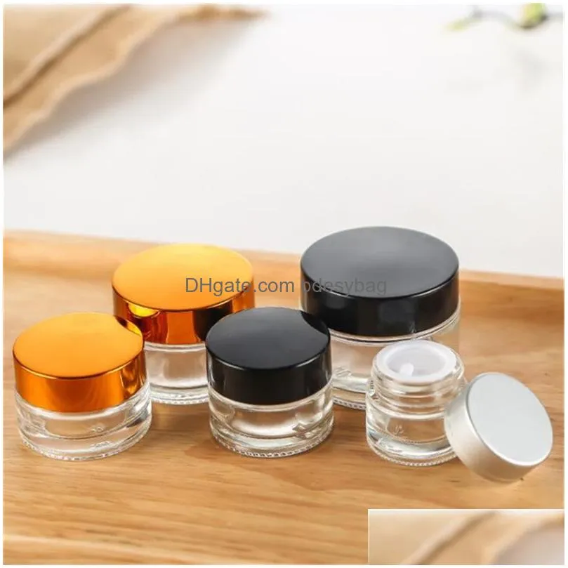 5g 10g 15g glass jar cream bottle cosmetic empty container with black silver gold lid and inner pad for lotion lip balm