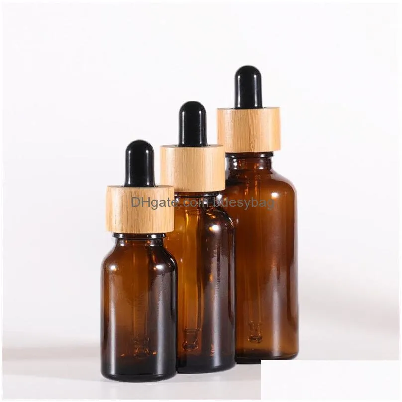 amber glass dropper bottle with bamboo lids essential oils bottles sample vials for perfume cosmetic liquids 15ml 20ml 30ml 50ml 100ml