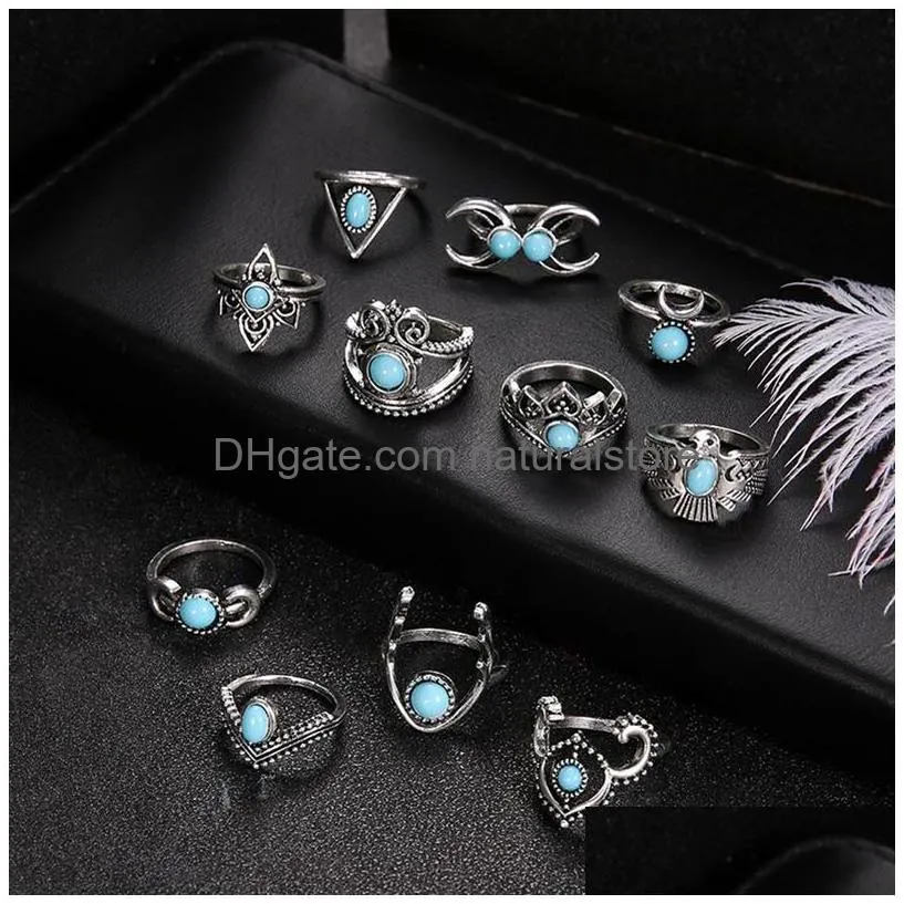 turquoise knuckle ring set ancient silver crown moon owl drop stacking rings midi ring women rings fashion jewelry will and sandy new