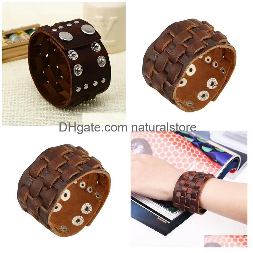 wide leather square knit bangle cuff button adjustable bracelet wristand for men women fashion jewelry