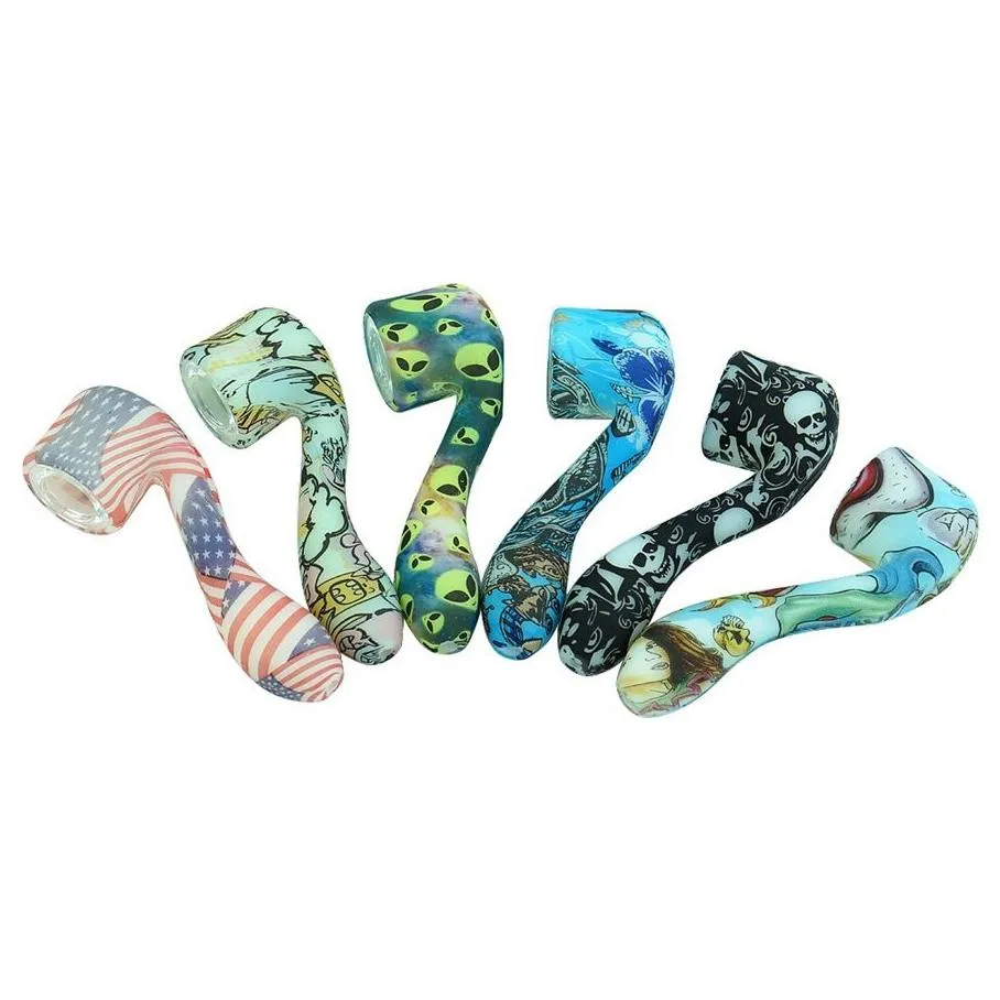 dhs glow in the dark silicone pipes glass pipe for 7 word shape smoking pipes with hidden bowl piece bent spoon type unbreakable