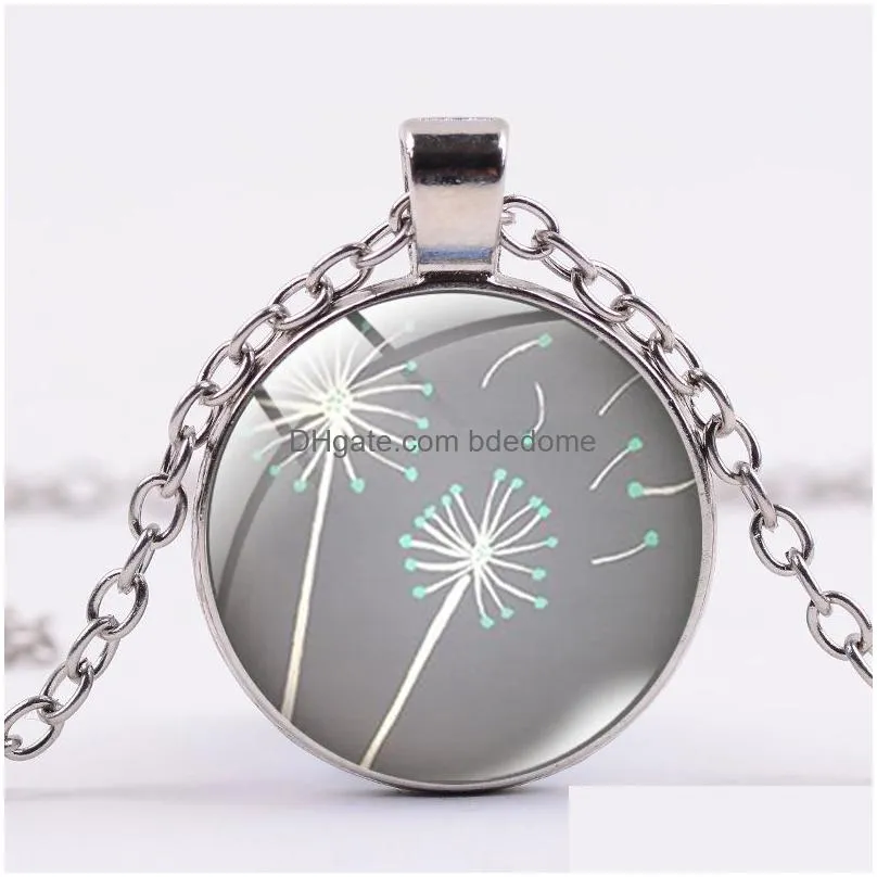 charm purple dandelion lucky necklace flowers art printed glass crystal dome pendant plant jewelry for female party