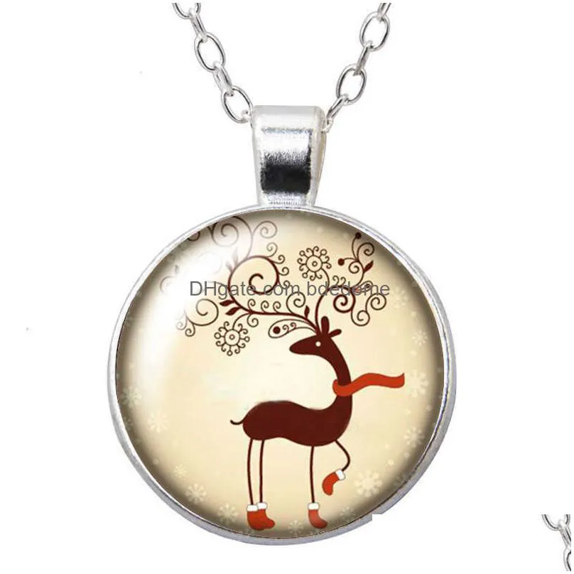 christmas reindeer bells round pendant necklace 25mm glass cabochon silver plated/crystal jewelry women girl birthday gift 50cm