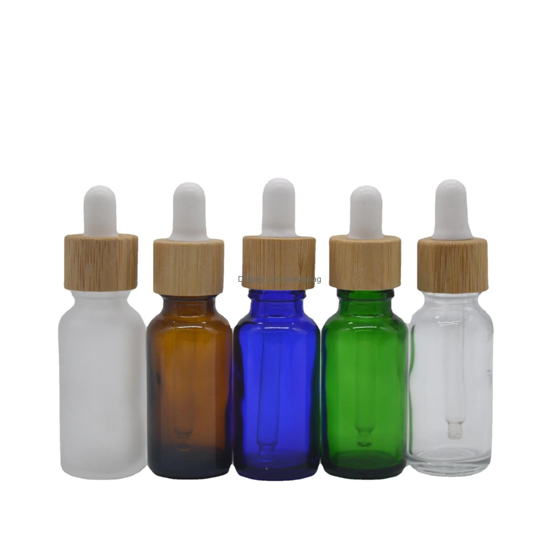 1 oz dropper bottles serum glass bottle with bamboo lid cap  oil frosted green 15ml 20 30ml