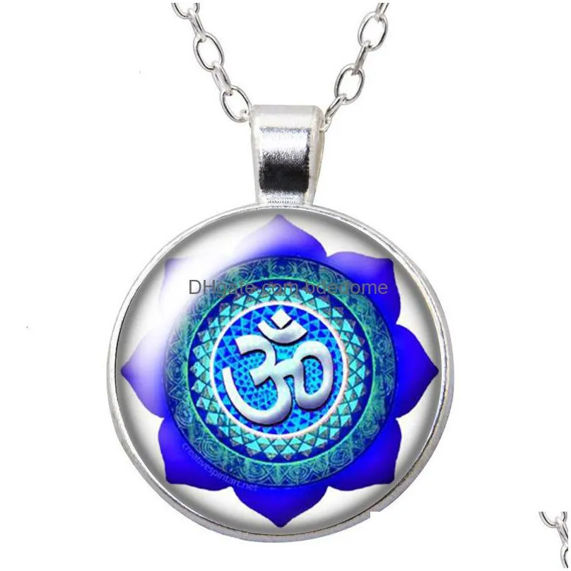 yoga symbol sign patterns round pendant necklace 25mm glass cabochon silver color/crystal jewelry women party birthday gift 50cm