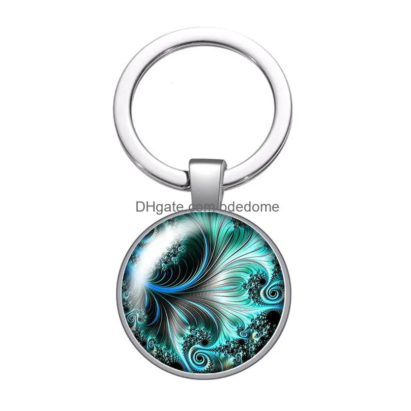colorful patterns rotating radiant glass cabochon keychain bag car key rings holder silver plated key chains man women gifts