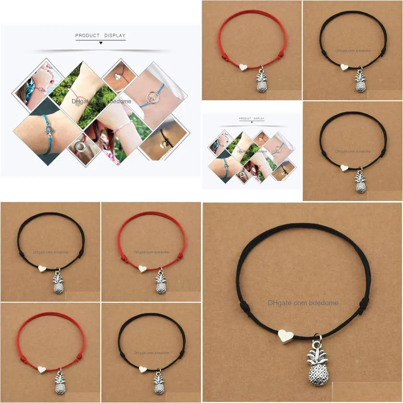 handmade lucky red cord black rope tropical fruits ananas pineapple pendant heart charm bracelets for women men couple jewelry