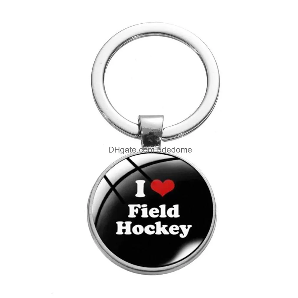 play field hockey art printed keychain golf i love hockey game casual sports glass round key ring chains friends souvenir