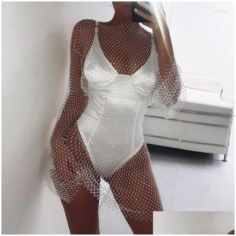 casual dresses black white shiny rhinestones sequin fishnet women mini dress y long sleeve mesh hollow out transparent party