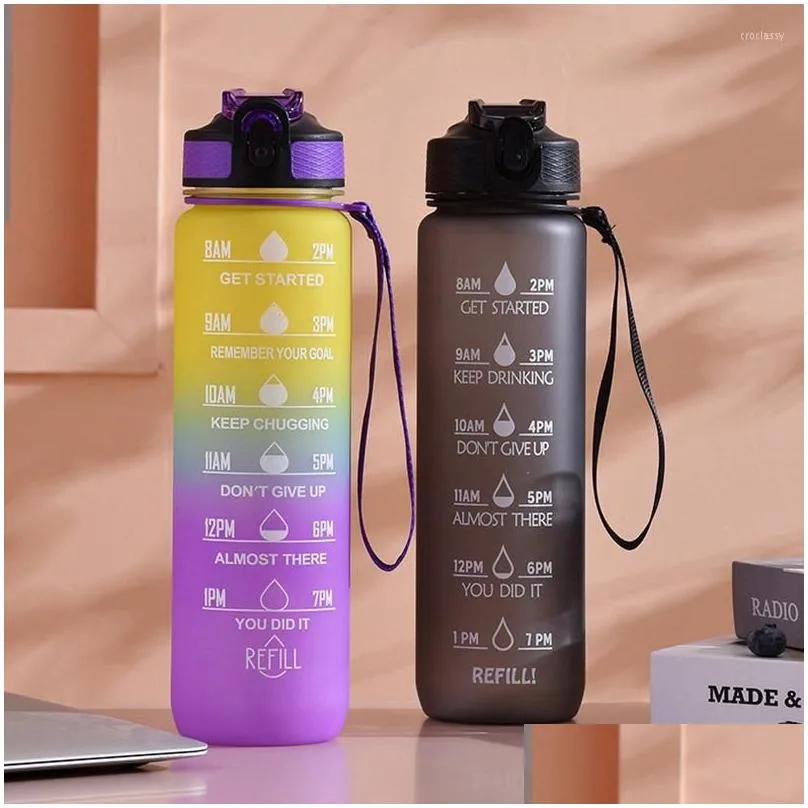 water bottles liter bottle with time scale fitness outdoor sports straw frosted leakproof motivational sport cupter