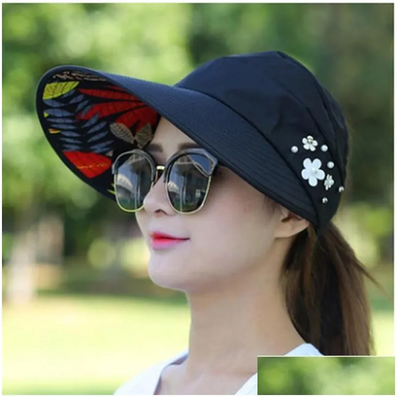 ball caps foldable sun hats for women uv protection wide brim with pearl decoration summer outdoor beach