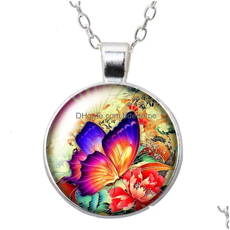 beauty fantastic butterfly colorful round pendant necklace 25mm glass cabochon silver color jewelry women birthday gift 50cm