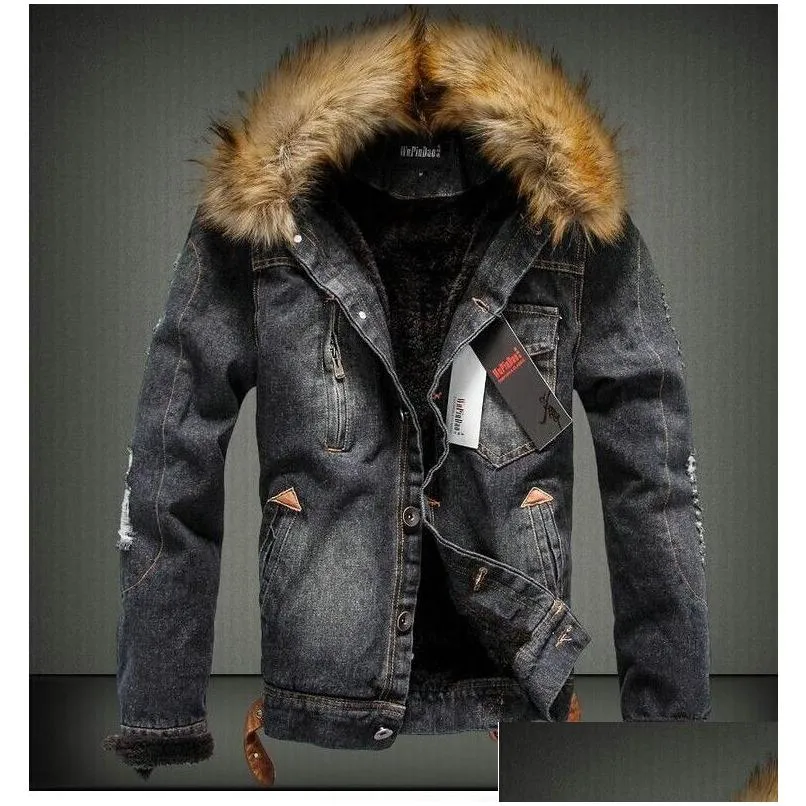 mens designer jackets vintage ripped black blue denim  shirts male female winter jacket casual fur collar coat