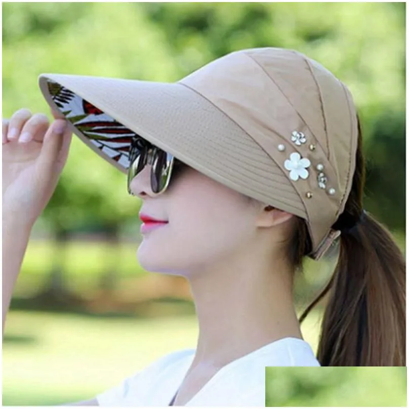 ball caps foldable sun hats for women uv protection wide brim with pearl decoration summer outdoor beach