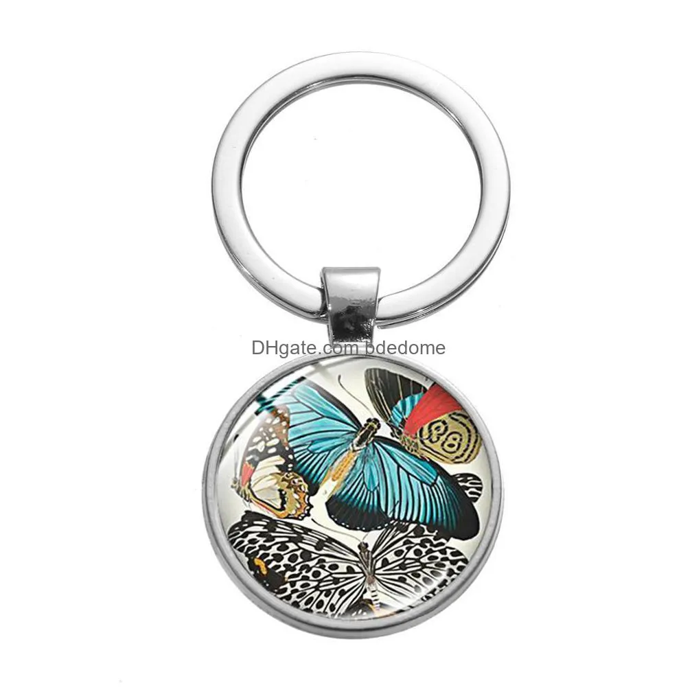 new vintage blue butterfly keychain glass cabochon silver plated key chain flower print elegant women girl trinkets