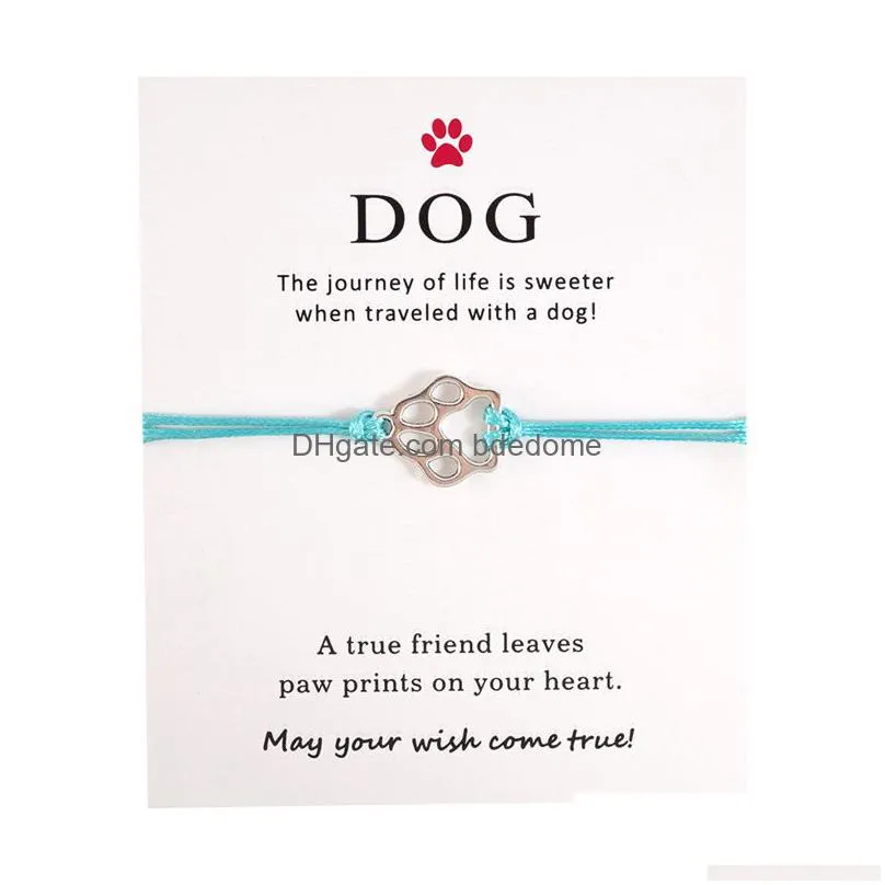 silver malinois dog cat paw connection charms cuff multilayer wax rope animal pet bracelets women men with card bracelet jewelry