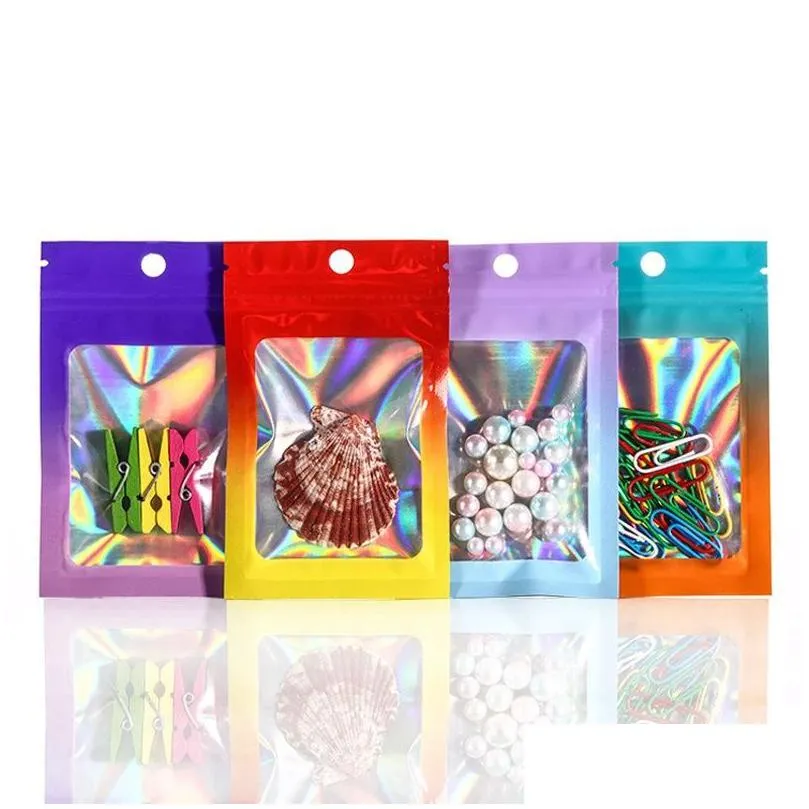 100pcs lot aluminum foil zipper bag plastic holographic gradient color bags food jewelry ornaments nail beauty eyelash cosmetic packaging