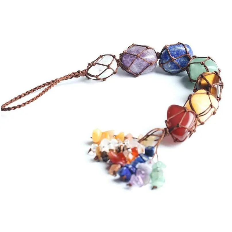 pendant necklaces natural stone car hanging decoration amulet healing 7 chakra chip tassel reiki crystal keychain door home