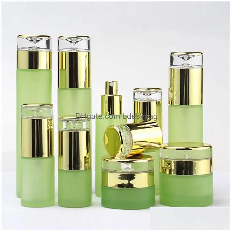 frosted green cosmetic glass lotion bottle packaging container with plastic cap empty spray bottles 20ml 30ml 40ml 60ml 80ml 100ml