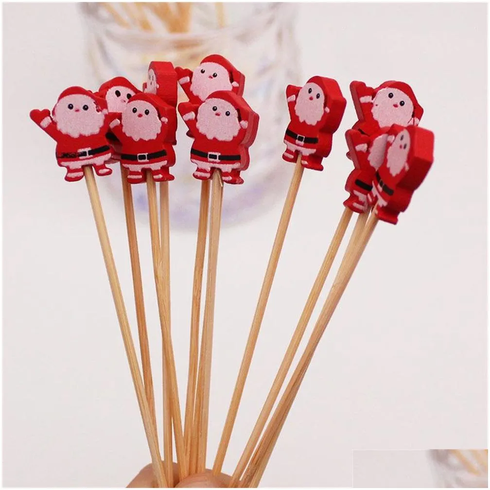 factory bar tools 100 pieces christmas cocktail picks assorted handmade santa claus snowflake snowman fruits bamboo toothpicks for drink fruit dessert