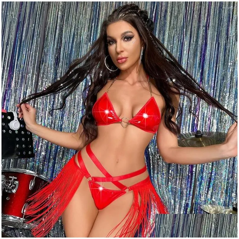 bras sets 1106 y bra suit pu leather design beautiful red tassel style stylish two-piece performance personality charming fas