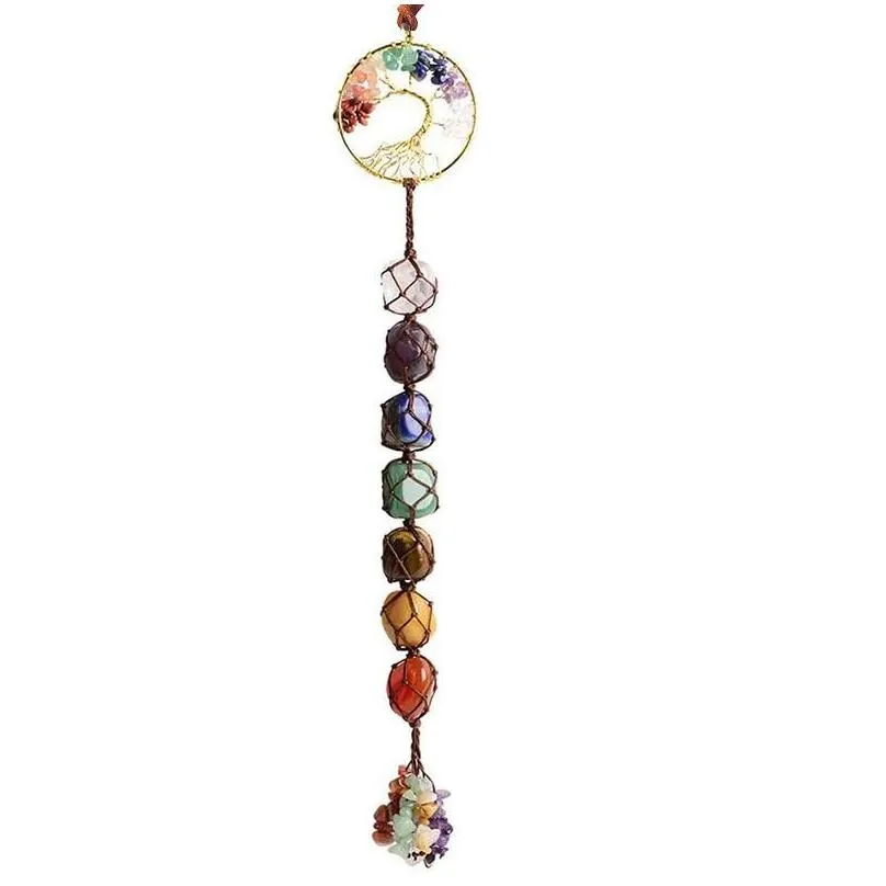 pendant necklaces natural stone car hanging decoration amulet healing 7 chakra chip tassel reiki crystal keychain door home