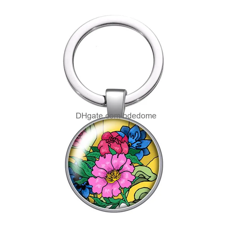 colorful beauty flowers fashion glass cabochon keychain bag car key rings holder charms silver plated key chains women gifts