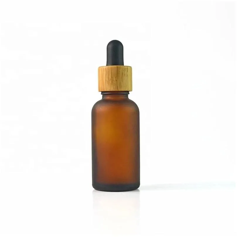 frosted brown glass dropper bottle with bamboo lid top cosmetic cuticle hair essential oil bottles