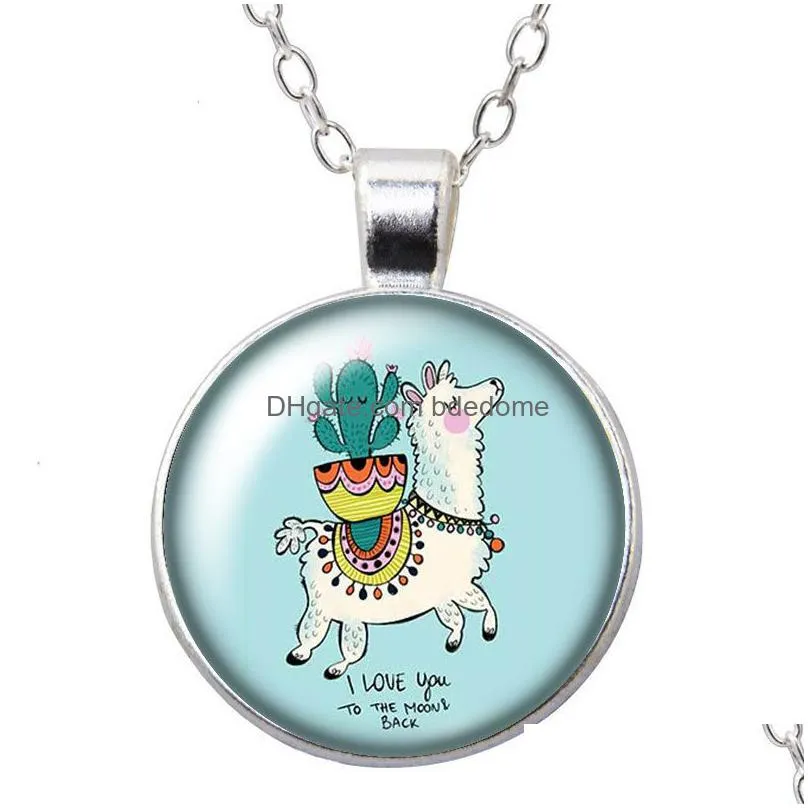cute alpaca no drama llama round pendant necklace 25mm glass cabochon silver color jewelry women party birthday gift 50cm