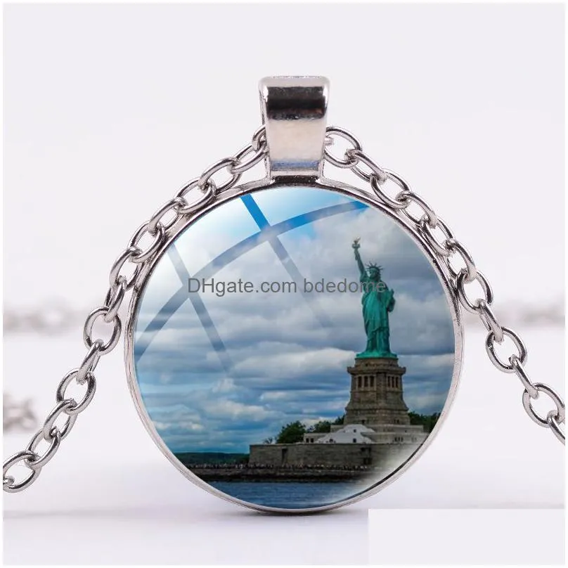 statue of liberty art picture necklace glass cabochon sweater long chain necklace pendant jewelry gift women dropshipping