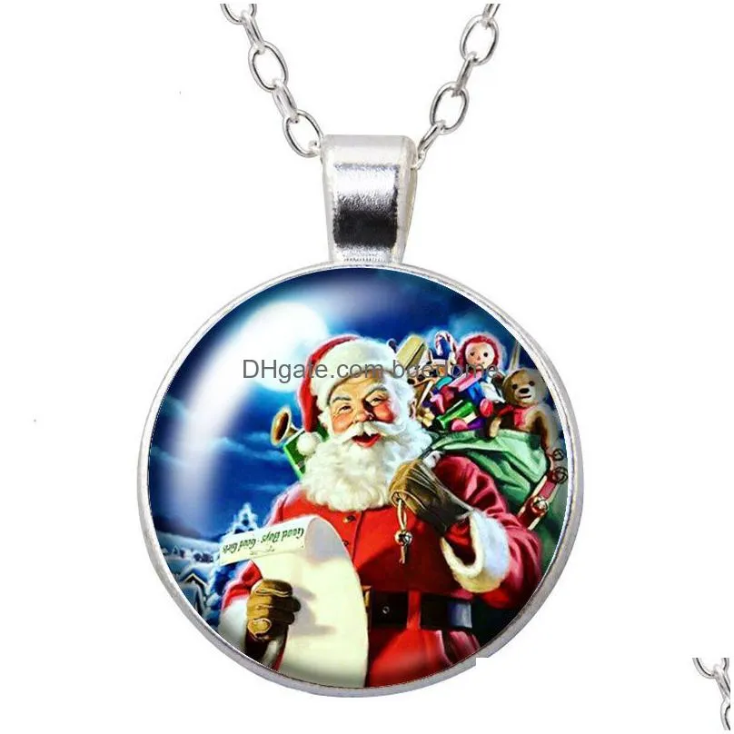 merry christmas santa claus gift round pendant necklace 25mm glass cabochon silver color jewelry women party birthday gift 50cm