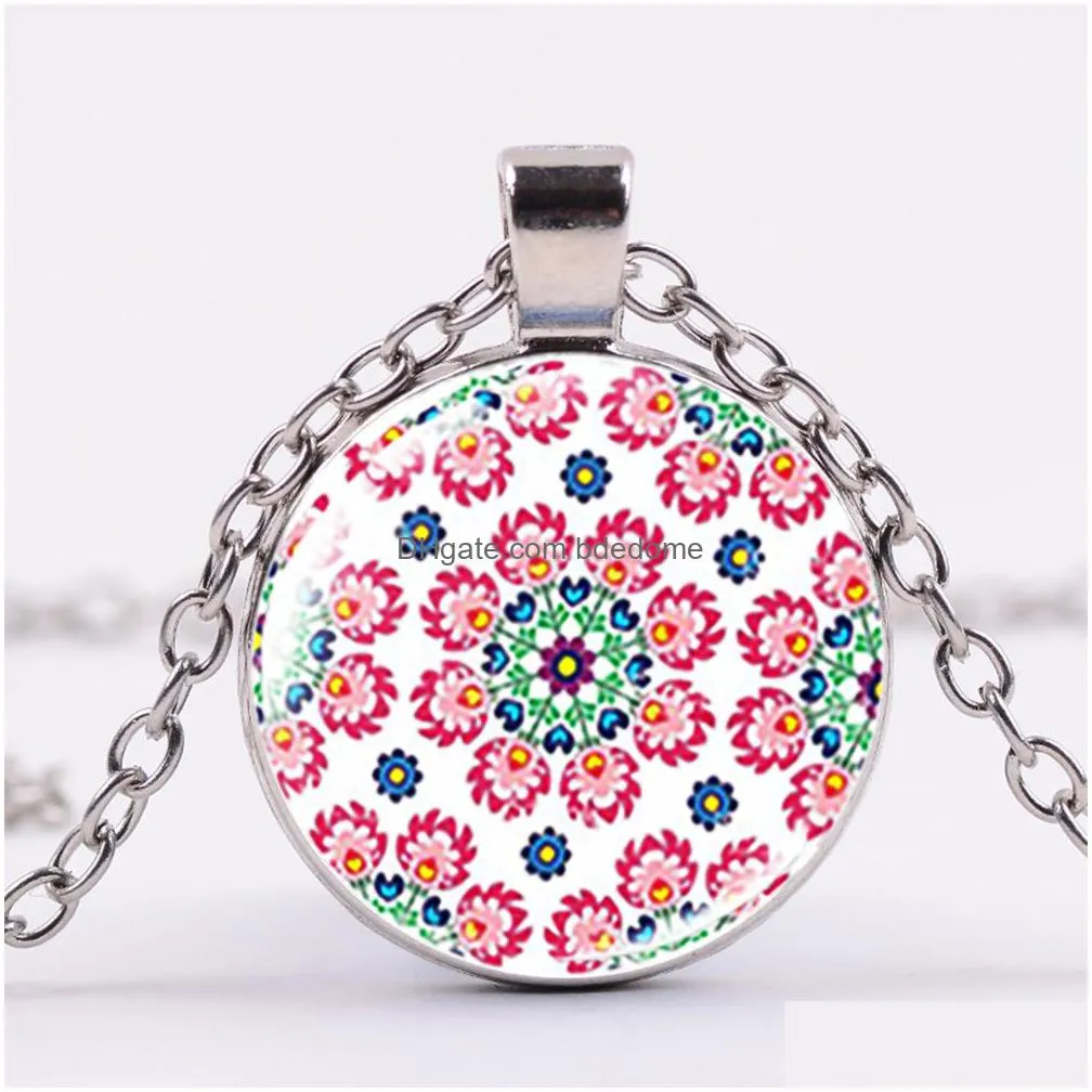 charm bohemian flower printed necklace polish folk art patterns handmade crystal pendant long chain women party necklaces