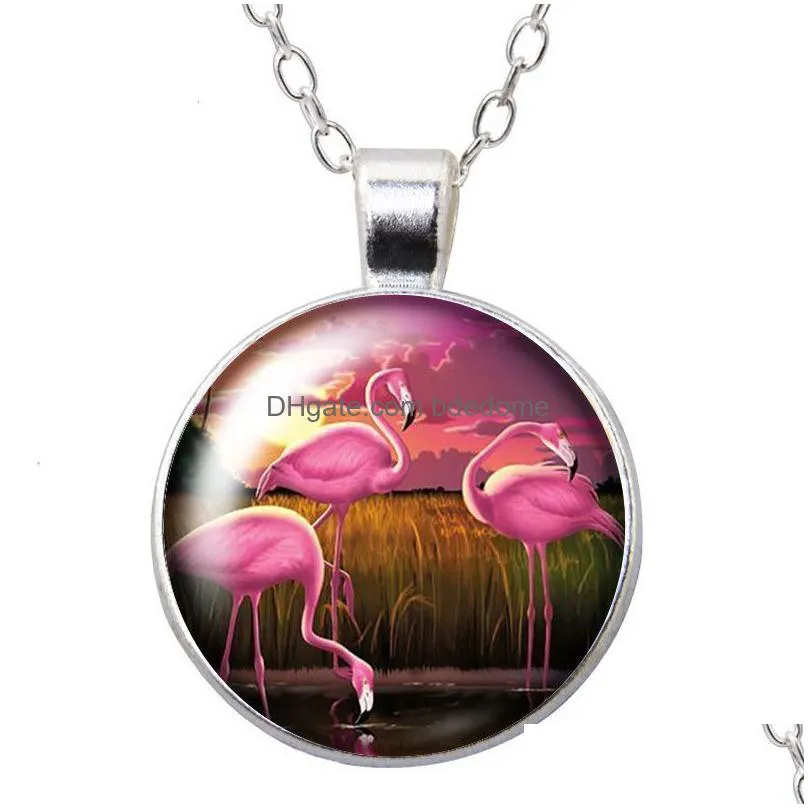 flamingo animals loyalty and love round pendant necklace 25mm glass cabochon silver color jewelry women party birthday gift 50cm