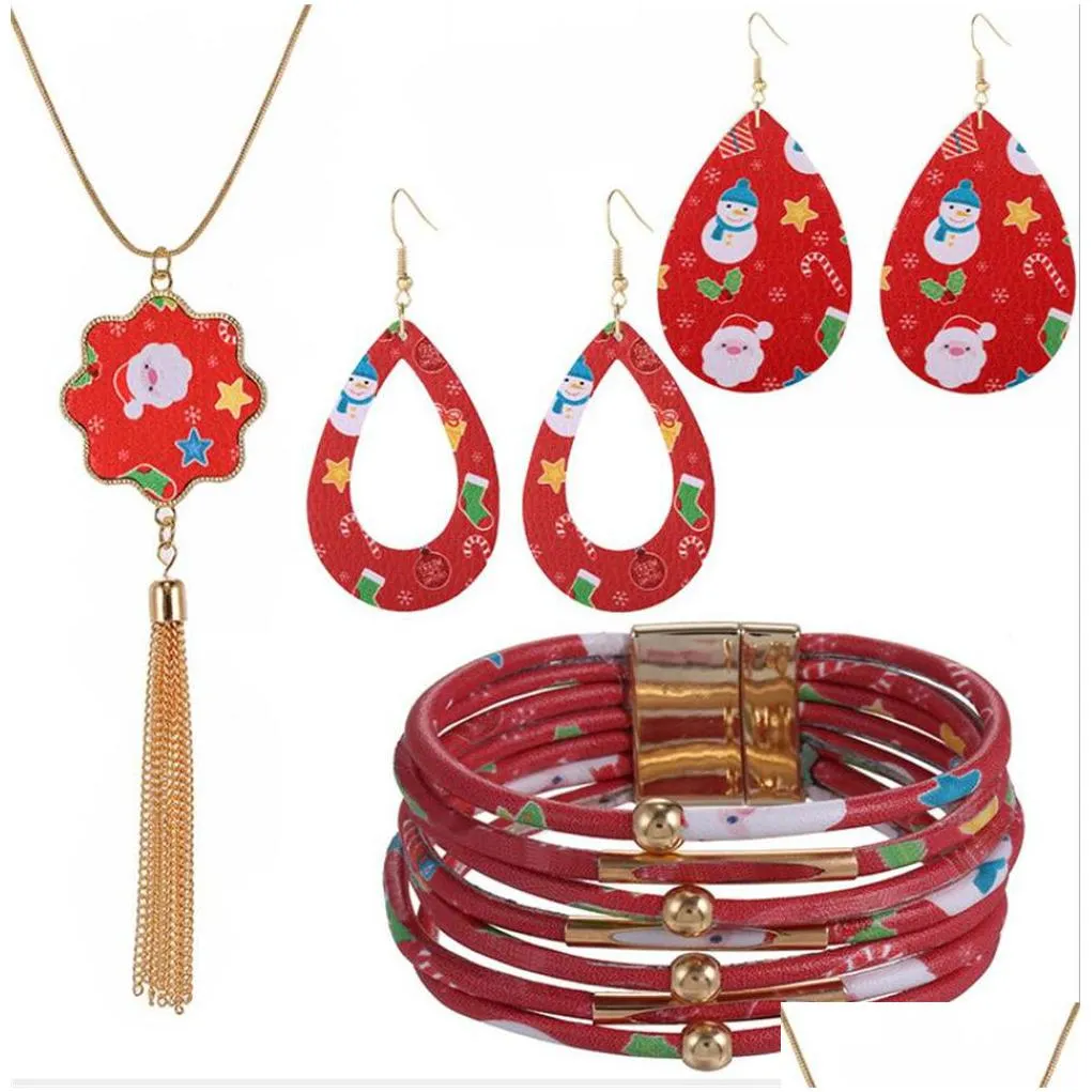 wholesale christmas ornaments european american leather snowman necklace santa claus earrings bracelet set