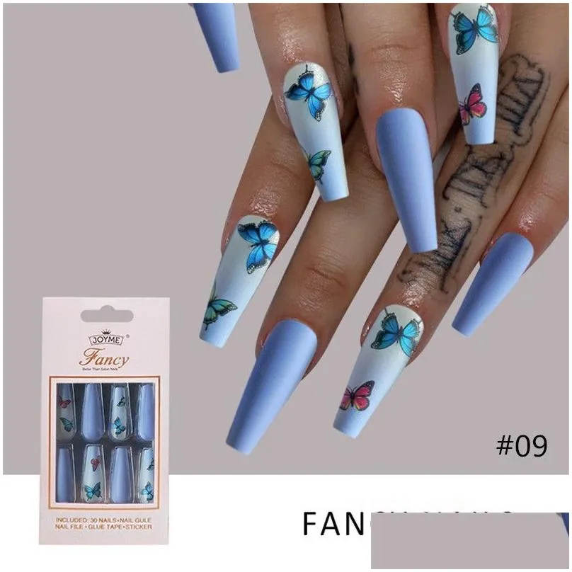 30pcs shiny ballet false nails tips long coffin fake fingernails tip acrylic adhesive gel full cover for women girls diy nail art