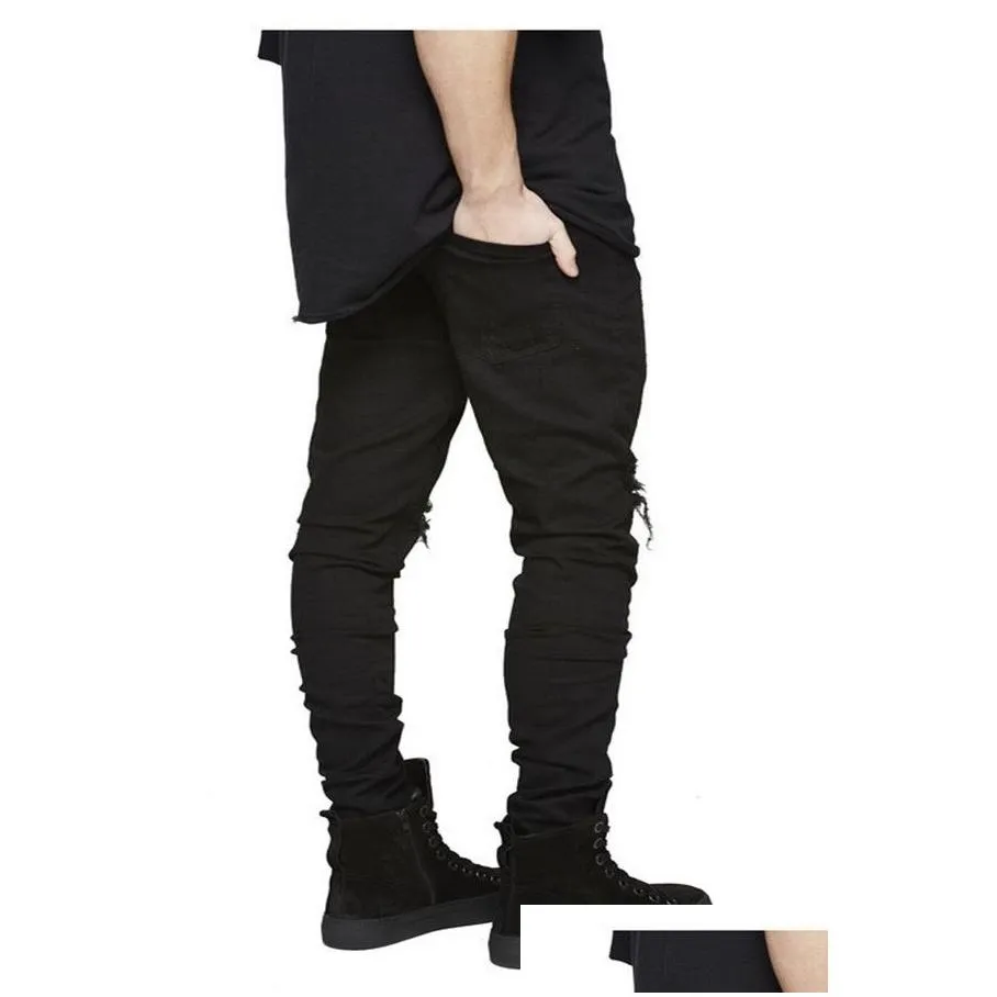 in stock slim fit ripped jeans men hi-street mens distressed denim joggers knee holes washed destroyed plus size