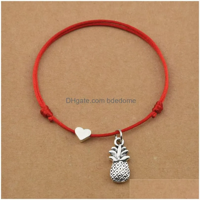 handmade lucky red cord black rope tropical fruits ananas pineapple pendant heart charm bracelets for women men couple jewelry