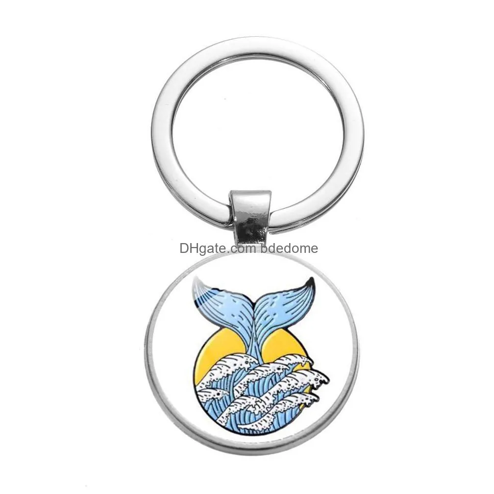 ocean whale marine life metal keychain fashion blue wave organ heart hourglass art picture glass cabochon car key holder