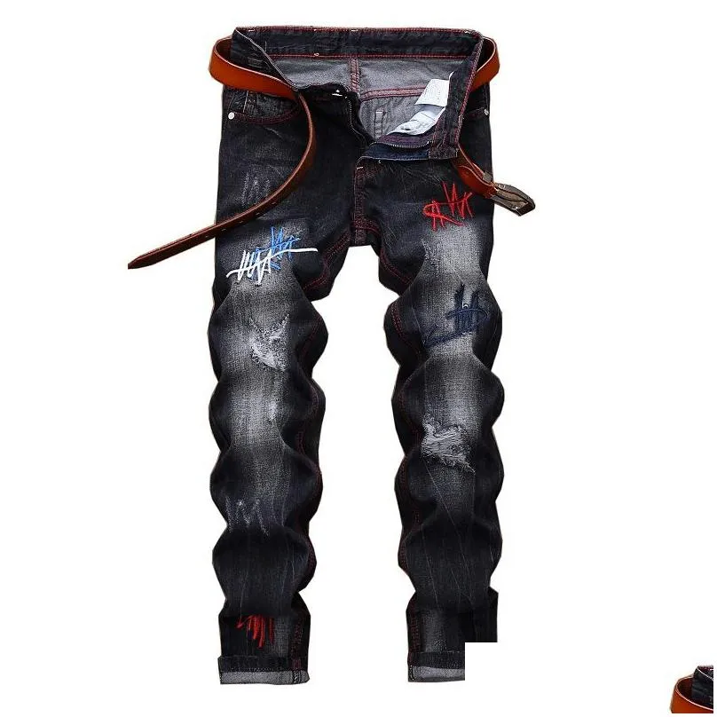 mens jeans mens high quality denim trousers men straight black embroidery fashion designer casual tear hip hop