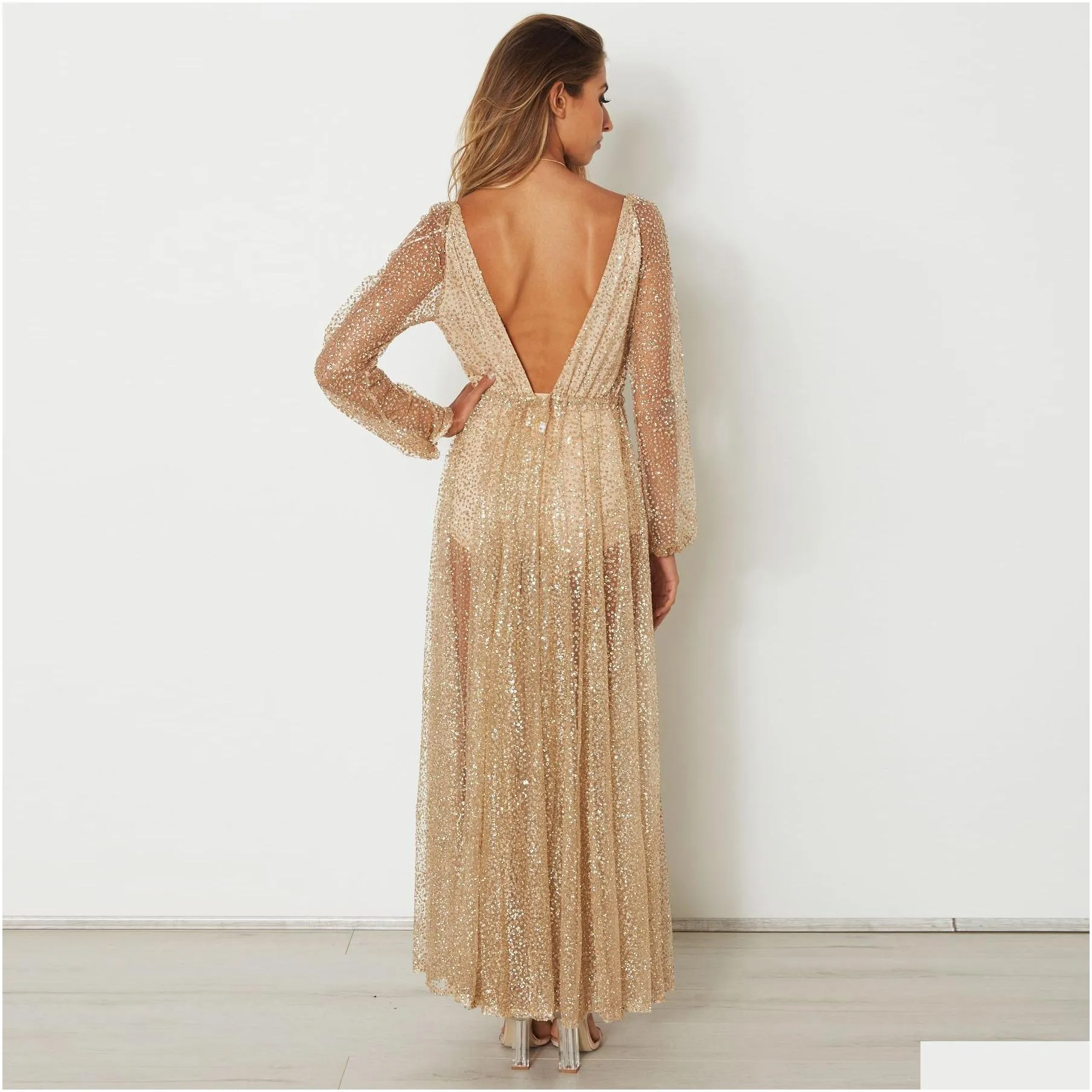 lady evening party long dress with rhinestone gold maxi dress long sleeves mesh y deep v-neck clothing