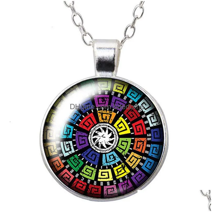 rotated colorful flower patterns dots round pendant necklace 25mm glass cabochon silver color jewelry women birthday gift 50cm