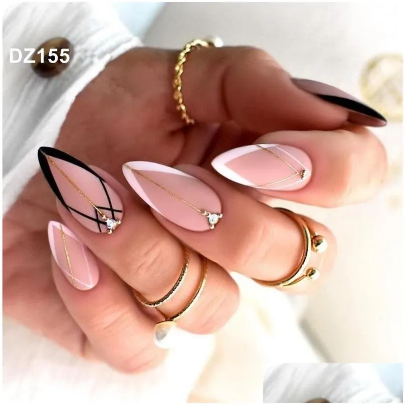 24pcs almond false nails short french design press on nails artificial ballerina full cover fake nail tips