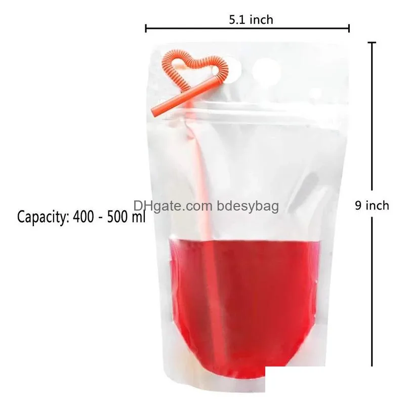 drink pouches with straw smoothie bags juice bag with straws heavy duty hand-held reclosable ice drinking pouch