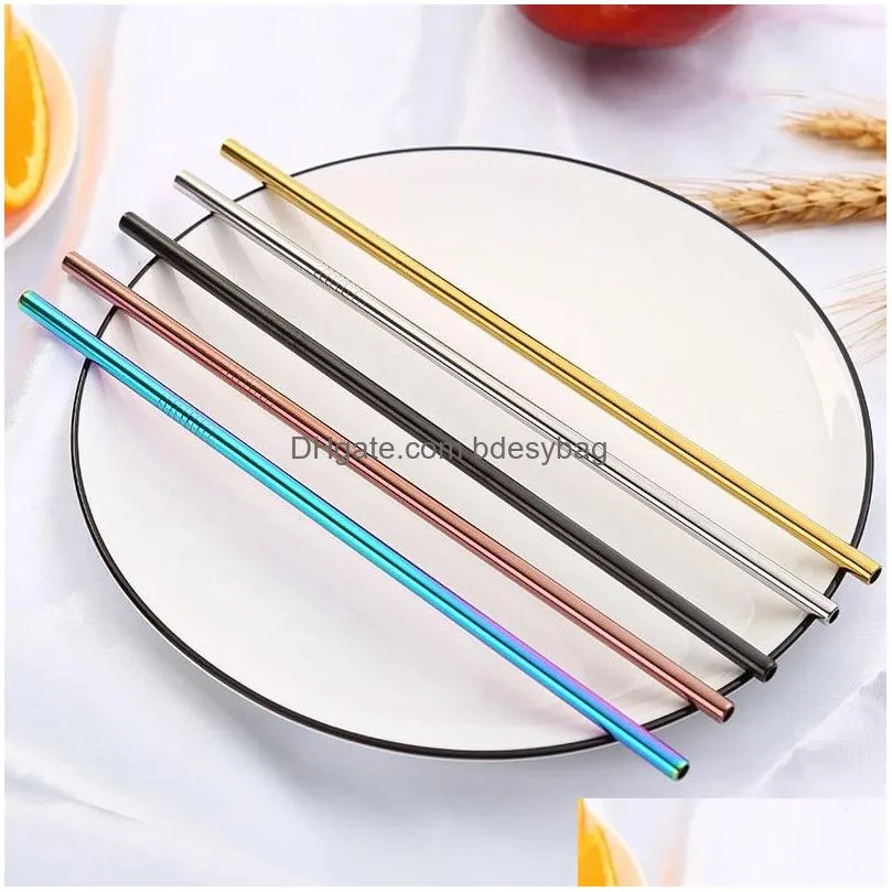 6x241mm colorful stainless steel straws reusable straight and bent metal drinking straw cleaning brush for home kitchen bar